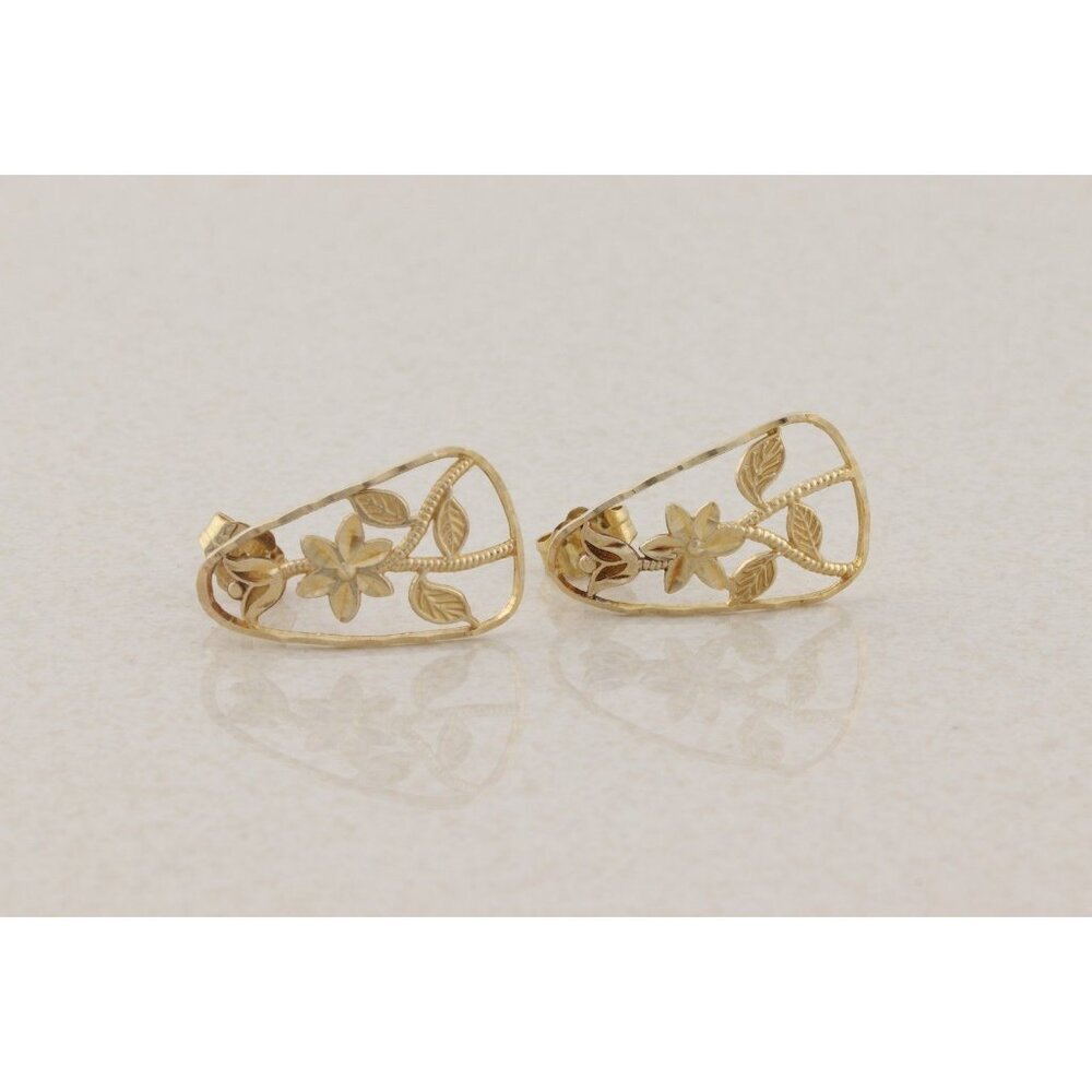 14k Yellow Gold Flower Floral Design Earrings Stud Post 3/4" x 1/2" - Picture 3 of 10